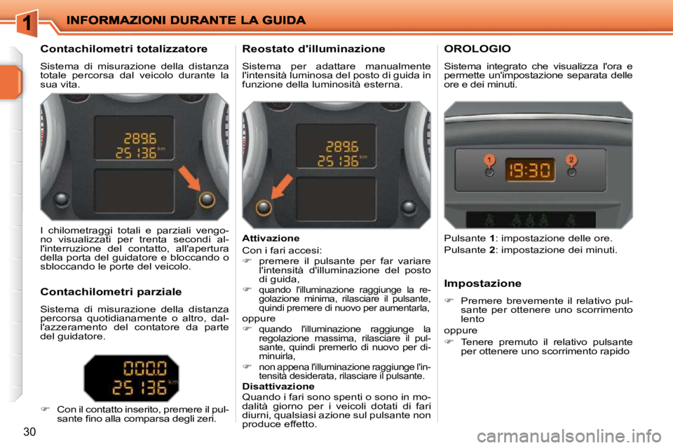 PEUGEOT 207 2009  Manuale duso (in Italian) 30
             Contachilometri totalizzatore  
 Sistema  di  misurazione  della  distanza  
totale  percorsa  dal  veicolo  durante  la 
sua vita.           Reostato dilluminazione  
 Sistema  per  
