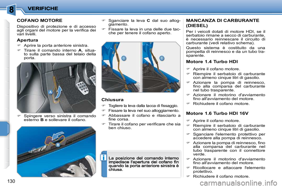 PEUGEOT 207 2009  Manuale duso (in Italian) i
130
            COFANO MOTORE 
� �D�i�s�p�o�s�i�t�i�v�o�  �d�i�  �p�r�o�t�e�z�i�o�n�e�  �e�  �d�i�  �a�c�c�e�s�s�o� �a�g�l�i� �o�r�g�a�n�i� �d�e�l� �m�o�t�o�r�e� �p�e�r� �l�a� �v�e�r�i�ﬁ� �c�a� �d