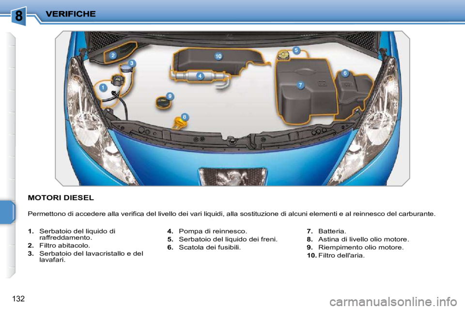 PEUGEOT 207 2009  Manuale duso (in Italian) 132
             MOTORI DIESEL 
� �P�e�r�m�e�t�t�o�n�o� �d�i� �a�c�c�e�d�e�r�e� �a�l�l�a� �v�e�r�i�ﬁ� �c�a� �d�e�l� �l�i�v�e�l�l�o� �d�e�i� �v�a�r�i� �l�i�q�u�i�d�i�,� �a�l�l�a� �s�o�s�t�i�t�u�z�i�o