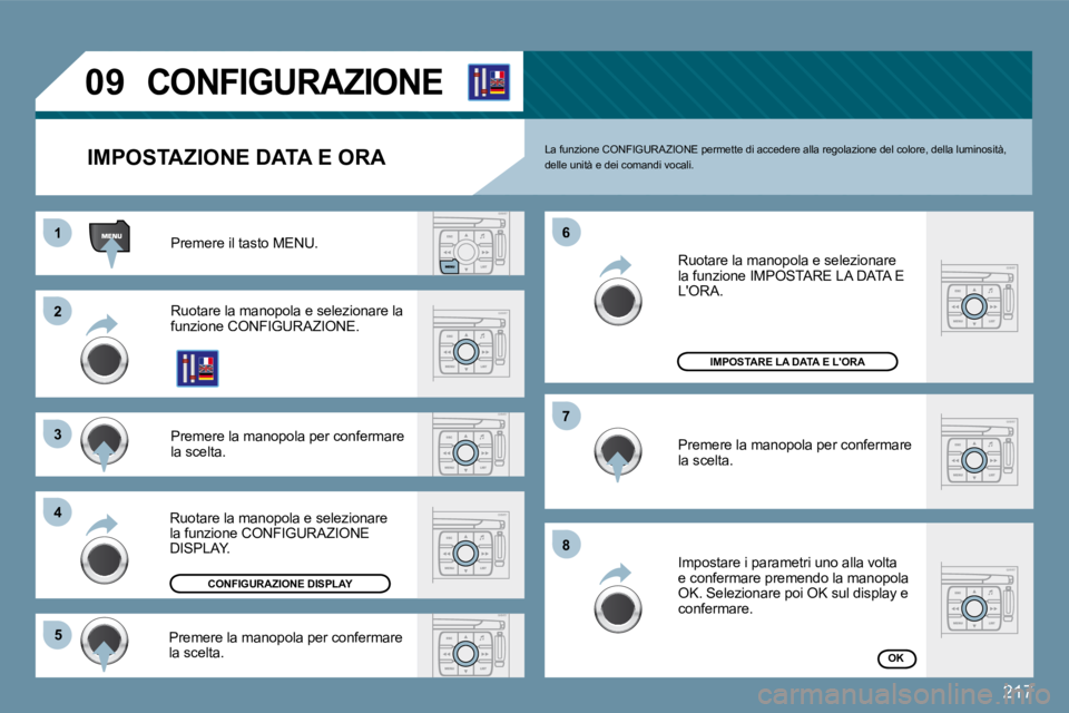 PEUGEOT 207 2009  Manuale duso (in Italian) 217
11
�2�2
�3�3
�4�4
�5�5
�6�6
�7�7
�8�8
�0�9CONFIGURAZIONE 
  IMPOSTAZIONE DATA E ORA 
� �P�r�e�m�e�r�e� �i�l� �t�a�s�t�o� �M�E�N�U�.� 
 Ruotare la manopola e selezionare la �f�u�n�z�i�o�n�e� �C�O�N