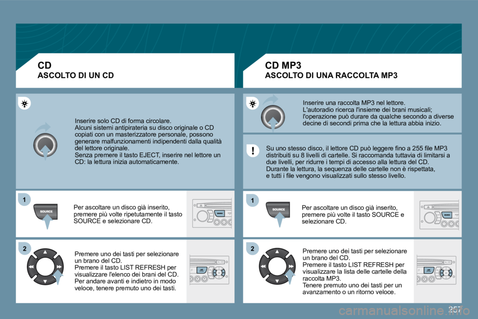 PEUGEOT 207 2009  Manuale duso (in Italian) 257
11
�2�2
11
�2�2
 Inserire solo CD di forma circolare.  
 Alcuni sistemi antipirateria su disco originale o CD 
copiati con un masterizzatore personale, possono 
generare malfunzionamenti indipende