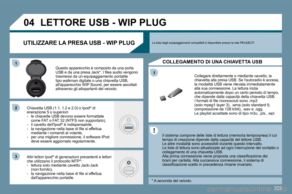 PEUGEOT 207 2009  Manuale duso (in Italian) 259
1
�0�4
11
�2�2
�3�3
�L�E�T�T�O�R�E� �U�S�B� �-� �W�I�P� �P�L�U�G� 
  Il sistema compone delle liste di lettura (memoria temporanea) il cui �t�e�m�p�o� �d�i� �c�r�e�a�z�i�o�n�e� �d�i�p�e�n�d�e� �d�