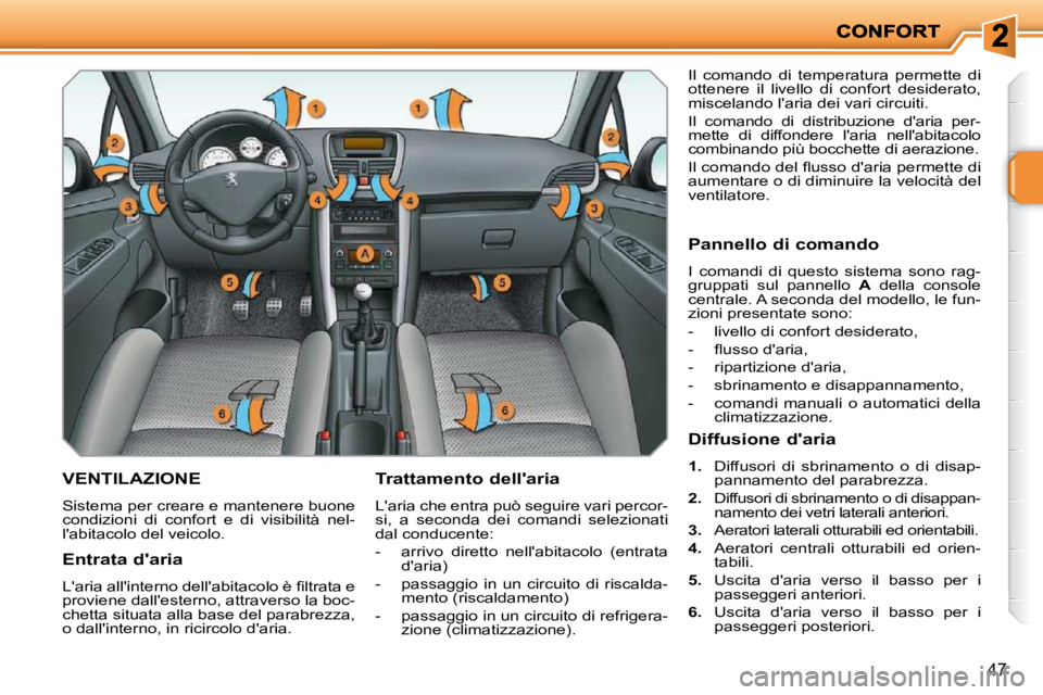 PEUGEOT 207 2009  Manuale duso (in Italian) 47
VENTILAZIONE 
 Sistema per creare e mantenere buone  
condizioni  di  confort  e  di  visibilità  nel-
labitacolo del veicolo.   Trattamento dellaria  
 Laria che entra può seguire vari percor