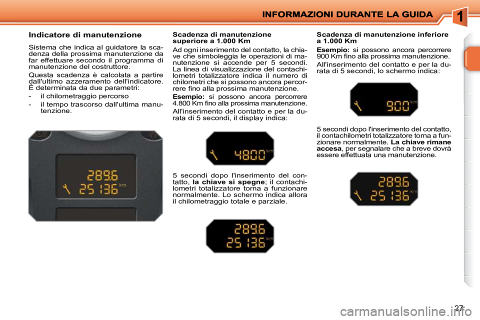 PEUGEOT 207 2009  Manuale duso (in Italian) 27
          Indicatore di manutenzione  
 Sistema  che  indica  al  guidatore  la  sca- 
denza della prossima manutenzione da 
far  effettuare  secondo  il  programma  di 
manutenzione del costruttor