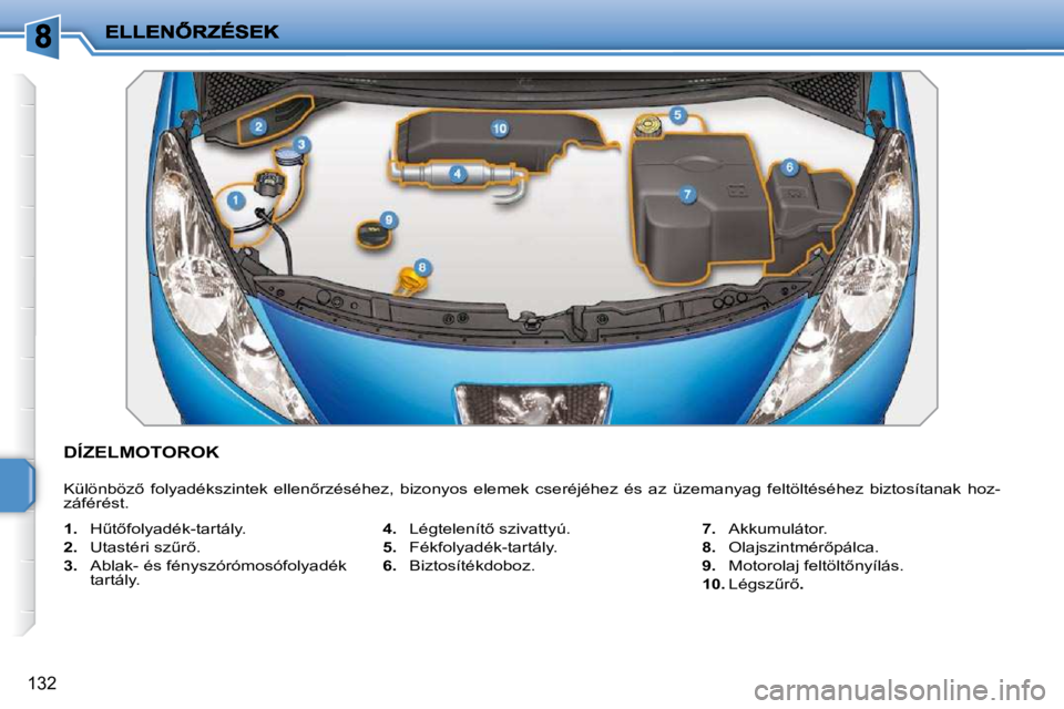 PEUGEOT 207 2009  Kezelési útmutató (in Hungarian) 132
� � � � � � � � � � � �D�Í�Z�E�L�M�O�T�O�R�O�K� 
� �K�ü�l�ö�n�b�ö�z5�  �f�o�l�y�a�d�é�k�s�z�i�n�t�e�k�  �e�l�l�e�n5�r�z�é�s�é�h�e�z�,�  �b�i�z�o�n�y�o�s�  �e�l�e�m�e�k�  �c�s�e�r�é�j�é�