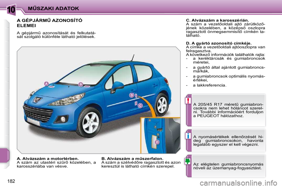 PEUGEOT 207 2009  Kezelési útmutató (in Hungarian) 10
!
�i
182
�MB�S�Z�A�K�I� �A�D�A�T�O�K
� � � � � � � � � � � � � �A� �G�É�P�J�Á�R�MB� �A�Z�O�N�O�S�Í�T�Ó� 
�E�L�E�M�E�I� 
� �A�  �g�é�p�j�á�r�mC�  �a�z�o�n�o�s�í�t�á�s�á�t�  �é�s�  �f�e�