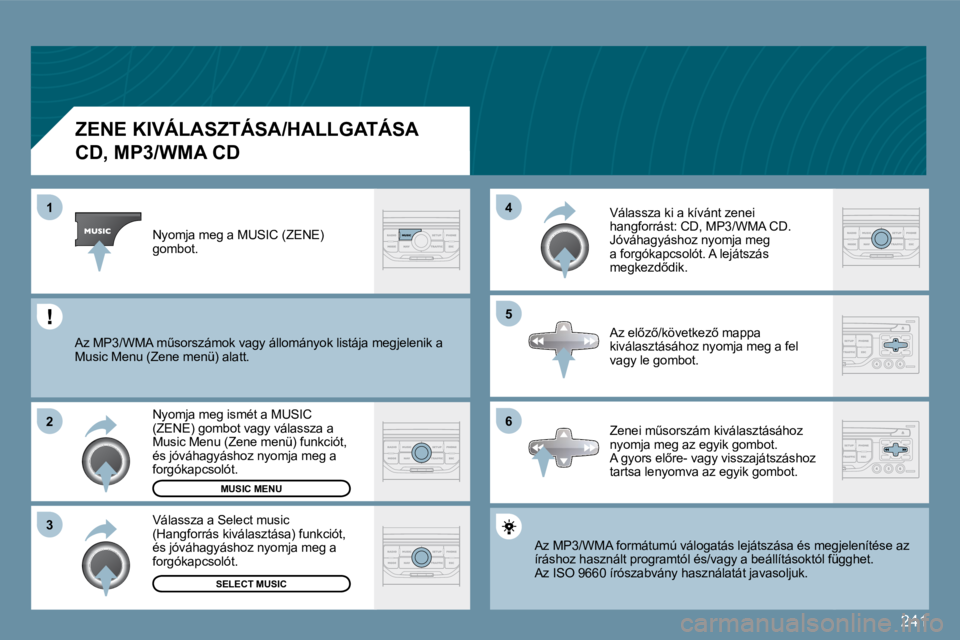PEUGEOT 207 2009  Kezelési útmutató (in Hungarian) 241
�6
�4 
�5
�3
�2
1
          ZENE KIVÁLASZTÁSA/HALLGATÁSA  
�C�D�,� �M�P�3�/�W�M�A� �C�D� 
 Az MP3/WMA formátumú válogatás lejátszása és megje megjelenítése az íráshoz használt progr
