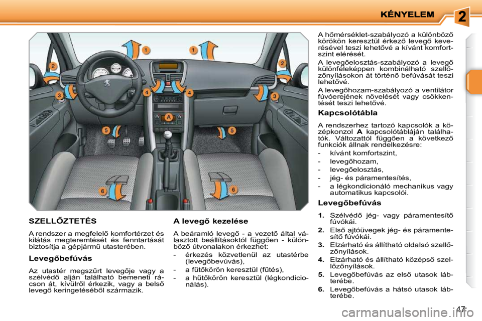 PEUGEOT 207 2009  Kezelési útmutató (in Hungarian) 47
� � � � � � � �S�Z�E�L�L4�Z�T�E�T�É�S� 
� �A� �r�e�n�d�s�z�e�r� �a� �m�e�g�f�e�l�e�l5� �k�o�m�f�o�r�t�é�r�z�e�t� �é�s�  
�k�i�l�á�t�á�s�  �m�e�g�t�e�r�e�m�t�é�s�é�t�  �é�s�  �f�e�n�n�t�a�