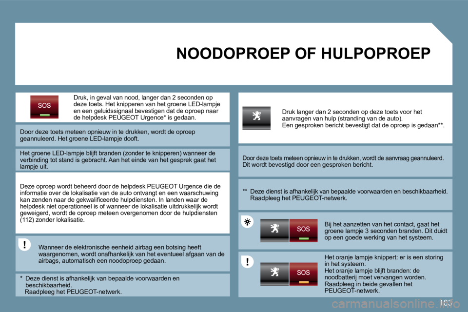 PEUGEOT 207 2009  Instructieboekje (in Dutch) 183
  Druk, in geval van  nood , langer dan 2 seconden op deze toets. Het knipperen van het groene LED-lampje  en een geluidssignaal bevestigen dat de oproep naar de helpdesk PEUGEOT Urgence *  is ged