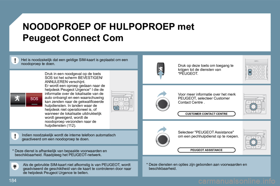 PEUGEOT 207 2009  Instructieboekje (in Dutch) 184
 Druk in een noodgeval op de toets �S�O�S� �t�o�t� �h�e�t� �s�c�h�e�r�m� �B�E�V�E�S�T�I�G�E�N�/�A�N�N�U�L�E�R�E�N� �v�e�r�s�c�h�i�j�n�t�.�  Er wordt een oproep gedaan naar de �h�e�l�p�d�e�s�k� �P�