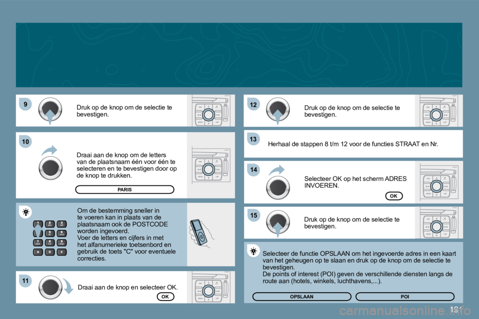 PEUGEOT 207 2009  Instructieboekje (in Dutch) 191
�9�9
1111
�1�2�1�2
�1�3�1�3
�1�5�1�5
1010
�1�4�1�4
 Druk op de knop om de selectie te bevestigen. 
 Draai aan de knop om de letters van de plaatsnaam één voor één te selecteren en te bevestige
