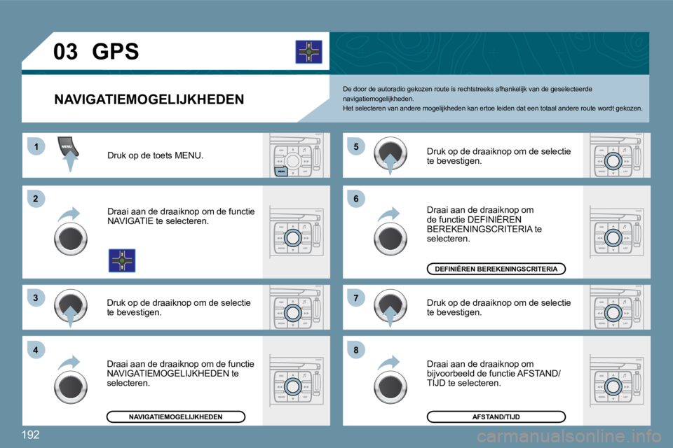 PEUGEOT 207 2009  Instructieboekje (in Dutch) 192
11
�2�2
�3�3
�4�4
�5�5
�6�6
�7�7
�8�8
�0�3
� � �N�A�V�I�G�A�T�I�E�M�O�G�E�L�I�J�K�H�E�D�E�N� 
       GPS 
 De door de autoradio gekozen route is rechtstreeks afhankelijk van de geselecteerde navig