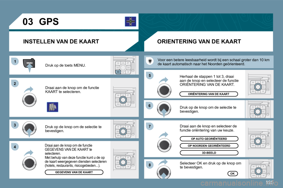 PEUGEOT 207 2009  Instructieboekje (in Dutch) 195
�0�3
11
�2�2
�3�3
�4�4
�6�6
�7�7
�8�8
�5�5
       GPS 
� �D�r�u�k� �o�p� �d�e� �t�o�e�t�s� �M�E�N�U�.� 
 Draai aan de knop om de functie KAART te selecteren. 
 Druk op de knop om de selectie te be