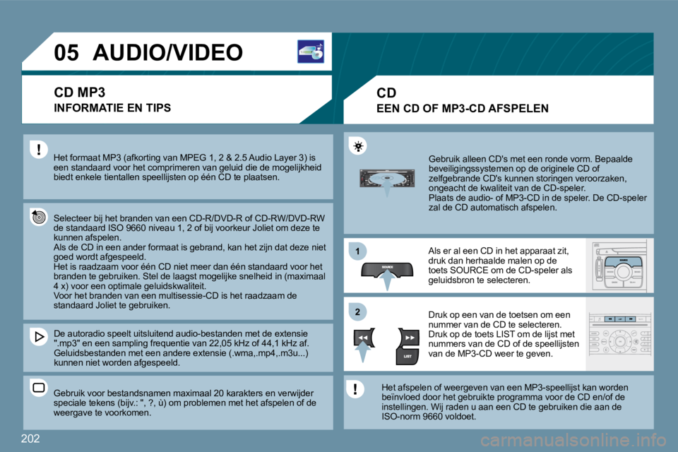 PEUGEOT 207 2009  Instructieboekje (in Dutch) 202
11
�2�2
�0�5� � � � � � � � � �A�U�D�I�O�/�V�I�D�E�O� 
� �H�e�t� �f�o�r�m�a�a�t� �M�P�3� �(�a�f�k�o�r�t�i�n�g� �v�a�n� �M�P�E�G� �1�,� �2� �&� �2�.�5� �A�u�d�i�o� �L�a�y�e�r� �3�)� �i�s� een stand
