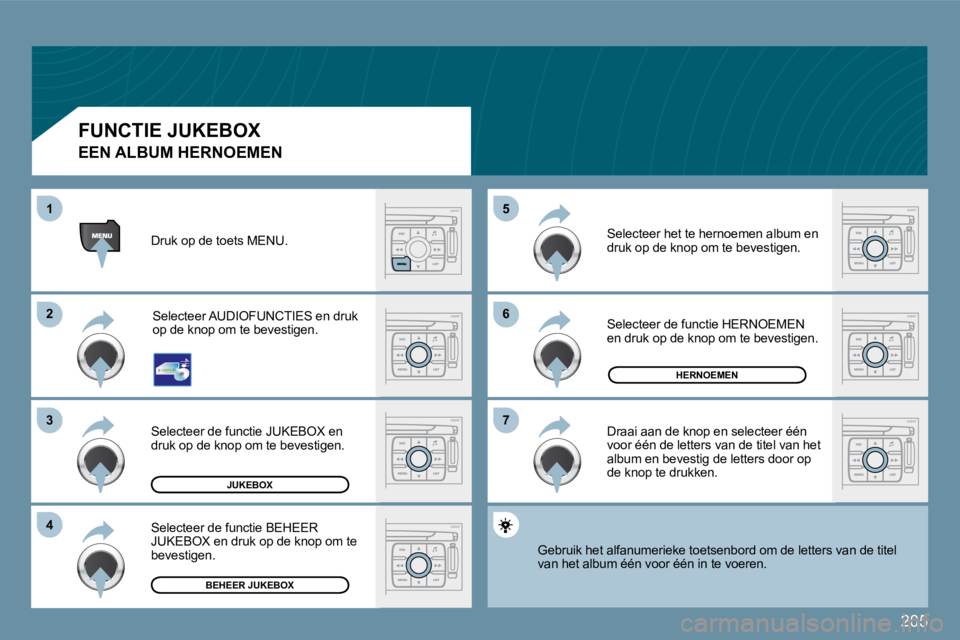 PEUGEOT 207 2009  Instructieboekje (in Dutch) 205
�6�6
�7�7
�5�5
�2�2
�3�3
�4�4
11
JUKEBOX
HERNOEMEN
BEHEER JUKEBOX
� �D�r�u�k� �o�p� �d�e� �t�o�e�t�s� �M�E�N�U�.� � �S�e�l�e�c�t�e�e�r� �A�U�D�I�O�F�U�N�C�T�I�E�S� �e�n� �d�r�u�k�  
op de knop om 