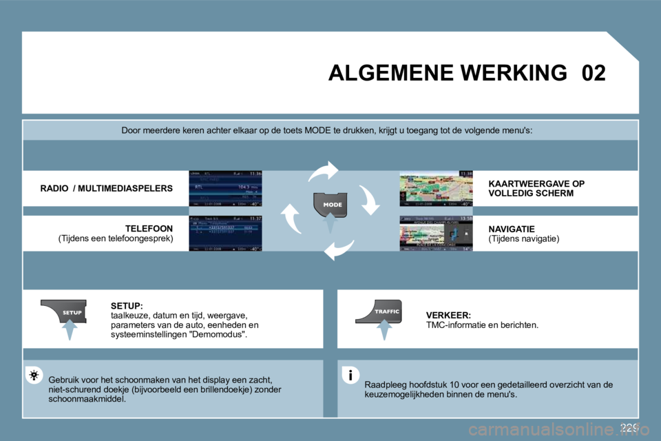 PEUGEOT 207 2009  Instructieboekje (in Dutch) 229
�0�2       ALGEMENE WERKING 
 Raadpleeg hoofdstuk 10 voor een gedetailleerd overzicht van de keuzemogelijkheden binnen de menus.  
� � �D�o�o�r� �m�e�e�r�d�e�r�e� �k�e�r�e�n� �a�c�h�t�e�r� �e�l�k