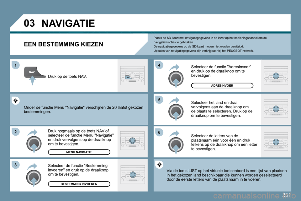 PEUGEOT 207 2009  Instructieboekje (in Dutch) 231
�0�3
1
�2
�3
�5 
�6
�4
� � � � � � � � � � � �N�A�V�I�G�A�T�I�E� 
  EEN BESTEMMING KIEZEN 
� �D�r�u�k� �n�o�g�m�a�a�l�s� �o�p� �d�e� �t�o�e�t�s� �N�A�V� �o�f� �s�e�l�e�c�t�e�e�r� �d�e� �f�u�n�c�t�