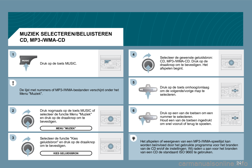 PEUGEOT 207 2009  Instructieboekje (in Dutch) 241
�6
�4 
�5
�3
�2
1
          MUZIEK SELECTEREN/BELUISTEREN  
�C�D�,� �M�P�3�-�/�W�M�A�-�C�D� 
� �H�e�t� �a�f�s�p�e�l�e�n� �o�f� �w�e�e�r�g�e�v�e�n� �v�a�n� �e�e�n� �M�P�3�-�/�W�M�A�-�s�p�e�e�l�l�i

