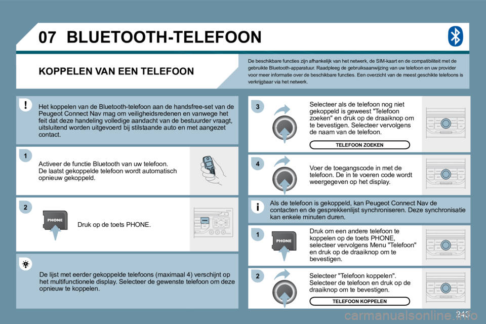 PEUGEOT 207 2009  Instructieboekje (in Dutch) 243
�0�7
1
�2
�3
�2
1
�4
� �D�e� �b�e�s�c�h�i�k�b�a�r�e� �f�u�n�c�t�i�e�s� �z�i�j�n� �a�f�h�a�n�k�e�l�i�j�k� �v�a�n� �h�e�t� �n
�e�t�w�e�r�k�,� �d�e� �S�I�M�-�k�a�a�r�t� �e�n� �d�e� �c�o�m�p�a�t�i�b�i