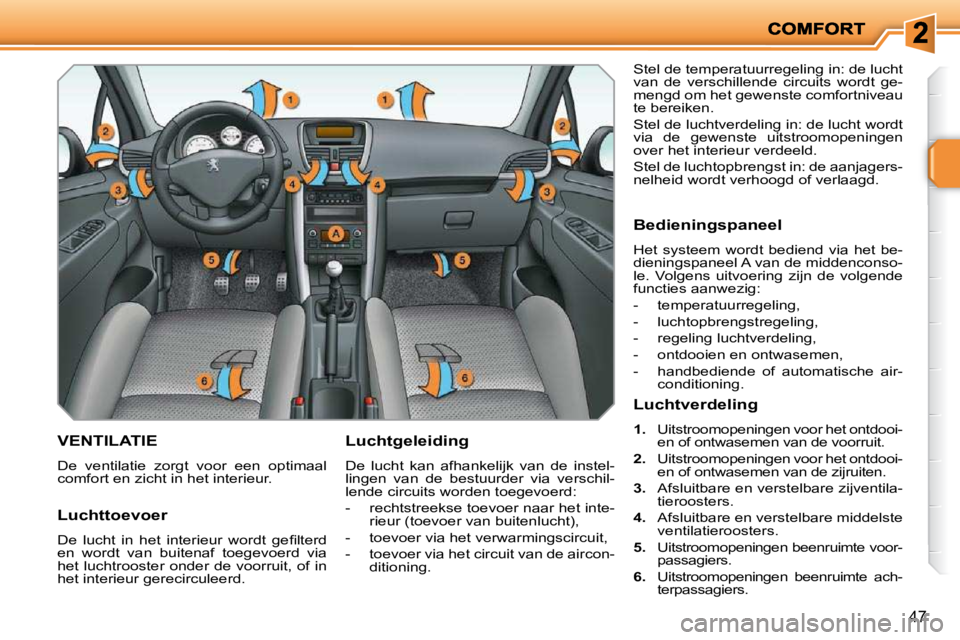 PEUGEOT 207 2009  Instructieboekje (in Dutch) 47
       VENTILATIE 
 De  ventilatie  zorgt  voor  een  optimaal  
comfort en zicht in het interieur.   Luchtgeleiding  
 De  lucht  kan  afhankelijk  van  de  instel- 
lingen  van  de  bestuurder  v