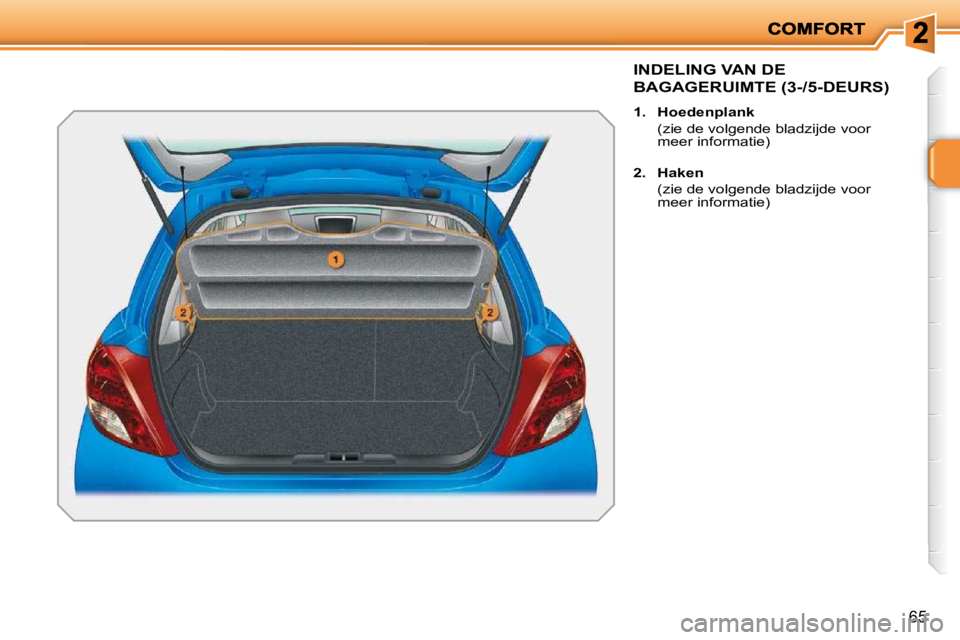PEUGEOT 207 2009  Instructieboekje (in Dutch) 65
     INDELING VAN DE 
BAGAGERUIMTE (3-/5-DEURS) 
   
1.     Hoedenplank     
  (zie de volgende bladzijde voor  meer informatie) 
  
2.     Haken     
  (zie de volgende bladzijde voor  meer inform