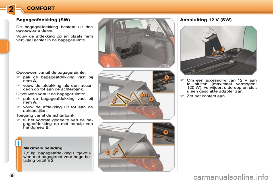PEUGEOT 207 2009  Instructieboekje (in Dutch) i
68
  Bagageafdekking (SW)  
 De  bagageafdekking  bestaat  uit  drie  
opvouwbare delen.  
 Vouw  de  afdekking  op  en  plaats  hem  
vertikaal achter in de bagageruimte.  
 Opvouwen vanuit de baga