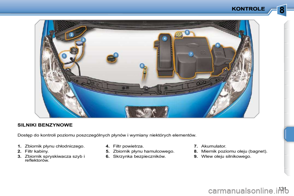 PEUGEOT 207 2009  Instrukcja obsługi (in Polish) 131
           SILNIKI BENZYNOWE 
� �D�o�s�t
�p� �d�o� �k�o�n�t�r�o�l�i� �p�o�z�i�o�m�u� �p�o�s�z�c�z�e�g�ó�l�n�y�c�h� �p�ł�y�n�ó�w� �i� �w�y�m�i�a�n�y� �n�i�e�k�t�ó�r�y�c�h� �e�l�e�m�e�n�t�ó�w�
