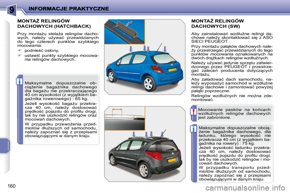 PEUGEOT 207 2009  Instrukcja obsługi (in Polish) i
i
!
�1�6�0
� � � � � � � �M�O�N�T�AF� �R�E�L�I�N�G�Ó�W� 
DACHOWYCH (HATCHBACK) 
� �P�r�z�y�  �m�o�n�t�aG�u�  �s�t�e�l�aG�a�  �r�e�l�i�n�g�ó�w�  �d�a�c�h�o�- 
�w�y�c�h�,�  �n�a�l�eG�y�  �uG�y�