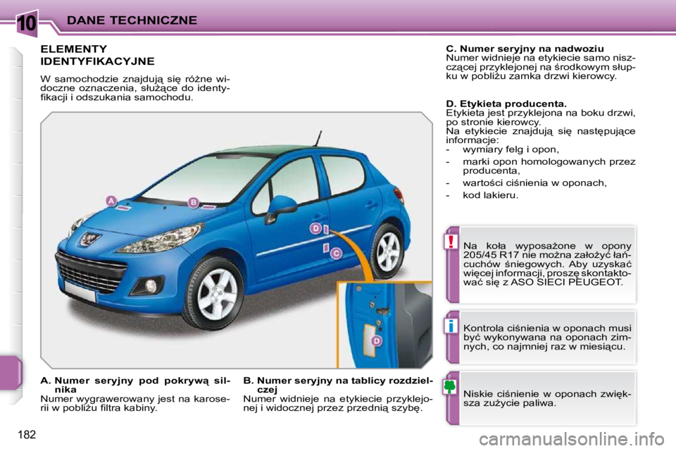 PEUGEOT 207 2009  Instrukcja obsługi (in Polish) 10
!
i
182
DANE TECHNICZNE
             ELEMENTY 
IDENTYFIKACYJNE 
� �W�  �s�a�m�o�c�h�o�d�z�i�e�  �z�n�a�j�d�u�j"�  �s�i
�  �r�óG�n�e�  �w�i�- 
�d�o�c�z�n�e�  �o�z�n�a�c�z�e�n�i�a�,�  �s�ł�u