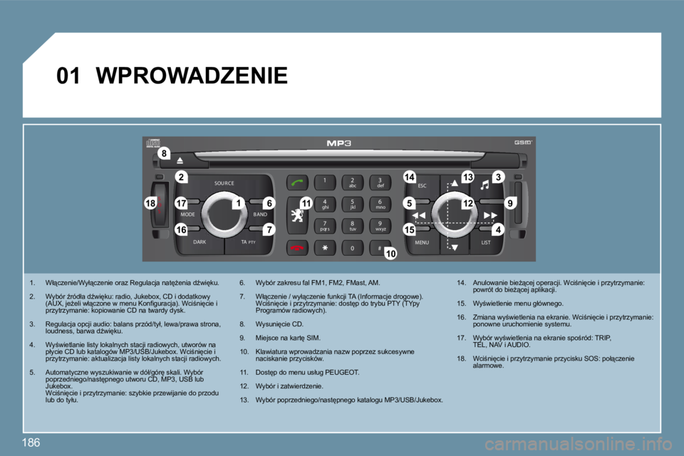 PEUGEOT 207 2009  Instrukcja obsługi (in Polish) 186
S
O S
SOU R CE
MODE B AND ESC
2
abc
5
jkl
8
tuv 3
def
6
mno
9
wxyz
1 4
ghi
7
pqr s
0 # MENU LIST
TA 
P T Y
DARK
�2
�8
�1�6
�1�8 �1�7
�7�1�1 �1�4 �3
�5 �9 �4
�1�5 �1�2
�1�3
�6�1
�1�0
�0�1
� �W�P�R�