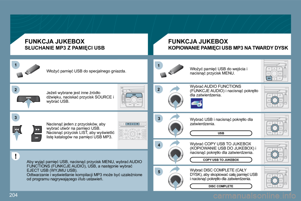 PEUGEOT 207 2009  Instrukcja obsługi (in Polish) �2�0�4
�2�2
�1�1
�3�3
�4�4
�5�5
�2�2
�3�3
�1�1
�U�S�B
�D�I�S�C� �C�O�M�P�L�E�T�E
�C�O�P�Y� �U�S�B� �T�O� �J�U�K�E�B�O�X
� �W�y�b�r�a�ć� �U�S�B� �i� �n�a�c�i�s�n"�ć� �p�o�k�r
�t�ł�o� �d�l�a� �