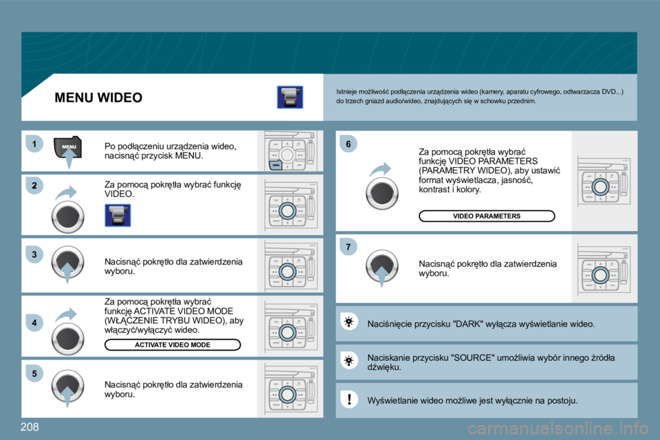 PEUGEOT 207 2009  Instrukcja obsługi (in Polish) �2�0�8
�2
�3�3
�4�4
�5�5
�1�1�6�6
�7�7
� �I�s�t�n�i�e�j�e� �m�oG�l�i�w�o;�ć� �p�o�d�ł"�c�z�e�n�i�a� �u�r�z"�d�z�e�n�i�a� �w�i�d�e�o� �(�k�a�m�e�r�y�,� �a�p�a�r�a�t�u� �c�y�f�r�o�w�e�g�o�