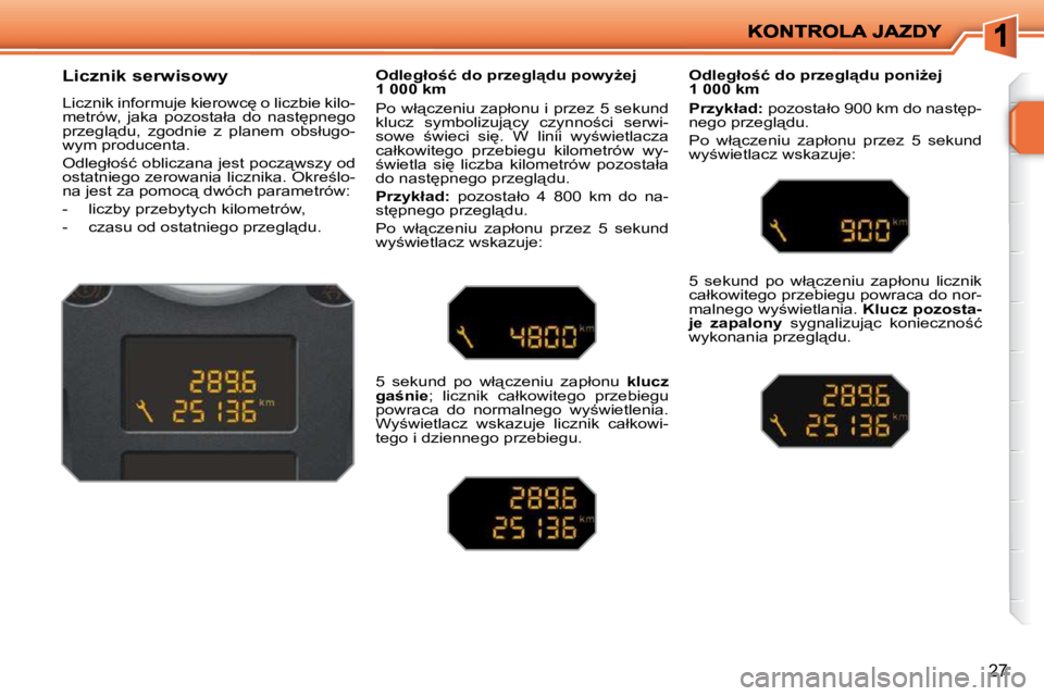 PEUGEOT 207 2009  Instrukcja obsługi (in Polish) 27
� � � � � � � � �L�i�c�z�n�i�k� �s�e�r�w�i�s�o�w�y�  
� �L�i�c�z�n�i�k� �i�n�f�o�r�m�u�j�e� �k�i�e�r�o�w�c
� �o� �l�i�c�z�b�i�e� �k�i�l�o�- 
�m�e�t�r�ó�w�,�  �j�a�k�a�  �p�o�z�o�s�t�a�ł�a�  �d�o