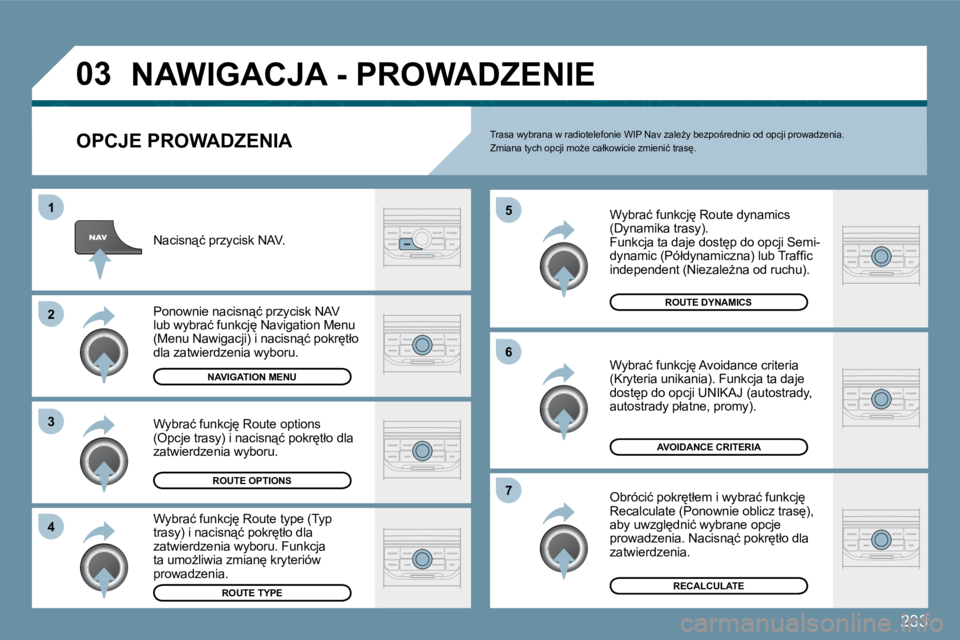 PEUGEOT 207 2009  Instrukcja obsługi (in Polish) �2�3�3
�0�3
�4
�3
�2
�1
�7
�6
�5
� �N�A�W�I�G�A�C�J�A� �-� �P�R�O�W�A�D�Z�E�N�I�E� 
� � �O�P�C�J�E� �P�R�O�W�A�D�Z�E�N�I�A
� �W�y�b�r�a�ć� �f�u�n�k�c�j
� �R�o�u�t�e� �d�y�n�a�m�i�c�s� �(�D�y�n�a�m�i