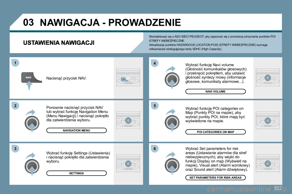 PEUGEOT 207 2009  Instrukcja obsługi (in Polish) �2�3�7
�0�3
�5
�4 
�6
�3
�2
�1
� �W�y�b�r�a�ć� �f�u�n�k�c�j
� �N�a�v�i� �v�o�l�u�m�e� �(�G�ł�o;�n�o;�ć� �k�o�m�u�n�i�k�a�t�ó�w� �g�ł�o�s�o�w�y�c�h�)� �i� �p�r�z�e�k�r
�c�i�ć� �p�o�k�r
�t�ł