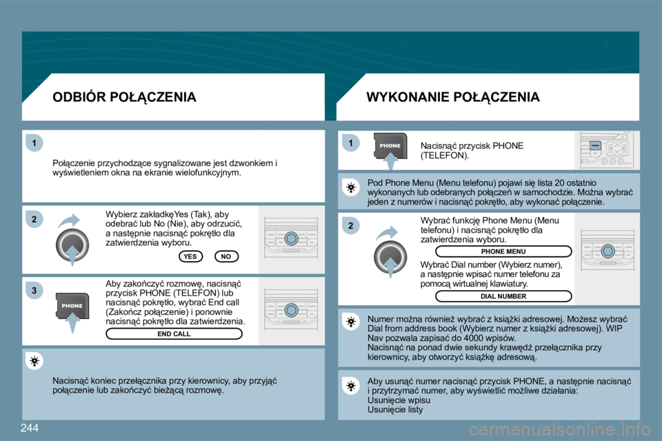 PEUGEOT 207 2009  Instrukcja obsługi (in Polish) �2�4�4
�2
�1
�1 
�3
�2
� �N�a�c�i�s�n"�ć� �k�o�n�i�e�c� �p�r�z�e�ł"�c�z�n�i�k�a� �p�r�z�y� �k�i�e�r�o�w�n�i�c�y�,� �a�b�y� 
�p�r�z�y�j"�ć� �p�o�ł"�c�z�e�n�i�e� �l�u�b� �z�a�k�o