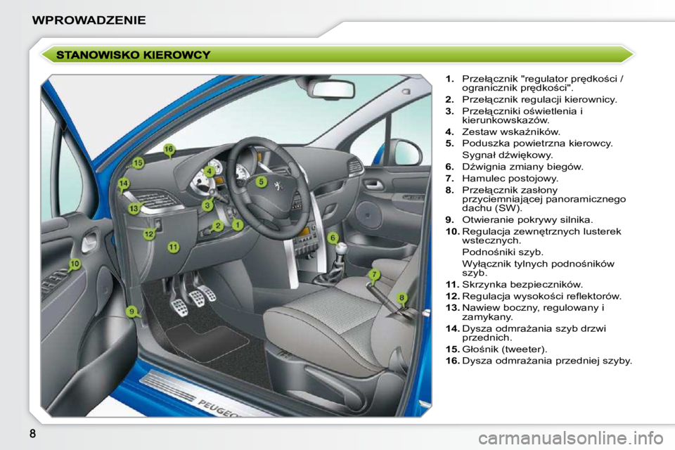 PEUGEOT 207 2009  Instrukcja obsługi (in Polish) �W�P�R�O�W�A�D�Z�E�N�I�E
   
1. � �  �P�r�z�e�ł"�c�z�n�i�k� �"�r�e�g�u�l�a�t�o�r� �p�r
�d�k�o;�c�i� �/� 
�o�g�r�a�n�i�c�z�n�i�k� �p�r
�d�k�o;�c�i�"�.� 
  
2. � �  �P�r�z�e�ł"�c
