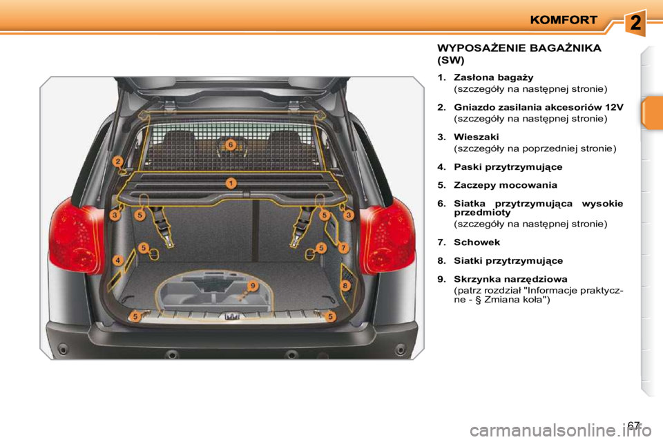 PEUGEOT 207 2009  Instrukcja obsługi (in Polish) �6�7
� � � � � � � � � � � � � �W�Y�P�O�S�AF�E�N�I�E� �B�A�G�AF�N�I�K�A� 
�(�S�W�)� 
   
1.     �Z�a�s�ł�o�n�a� �b�a�g�aG�y     
�  �(�s�z�c�z�e�g�ó�ł�y� �n�a� �n�a�s�t
�p�n�e�j� �s�t�r�o�n�i�e