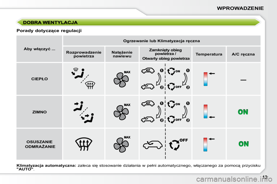 PEUGEOT 207 2009  Instrukcja obsługi (in Polish) –
�W�P�R�O�W�A�D�Z�E�N�I�E
  
�K�l�i�m�a�t�y�z�a�c�j�a�  �a�u�t�o�m�a�t�y�c�z�n�a�: � �  �z�a�l�e�c�a�  �s�i
�  �s�t�o�s�o�w�a�n�i�e�  �d�z�i�a�ł�a�n�i�a�  �w�  �p�e�ł�n�i�  �a�u�t�o�m�a�t�y�c�z�