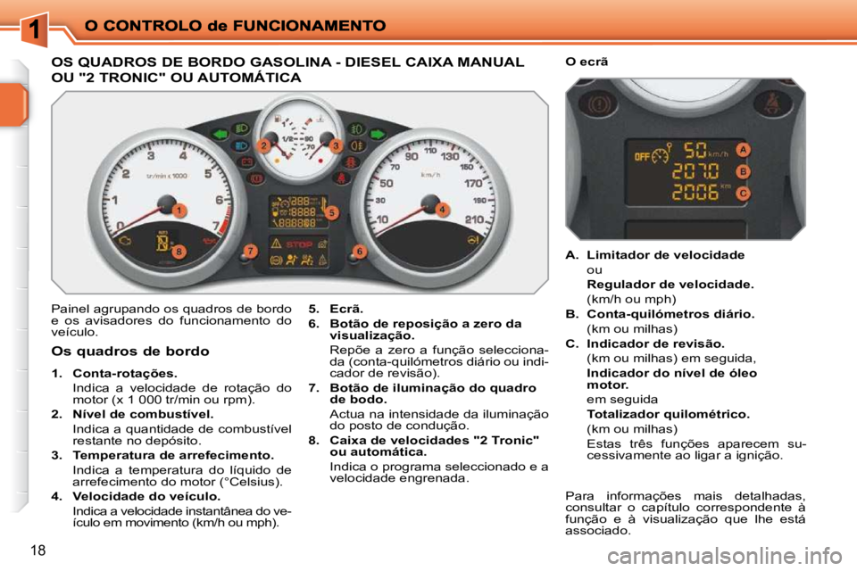 PEUGEOT 207 2009 Manual de utilização (in Portuguese) 18
OS QUADROS DE BORDO GASOLINA - DIESEL CAIXA MANUAL
OU "2 TRONIC" OU AUTOMÁTICA
Painel agrupando os quadros de bordo
e os avisadores do funcionamento do
veículo.
5. Ecrã.
PEUGEOT 207 2009 Manual de utilização (in Portuguese) 18
OS QUADROS DE BORDO GASOLINA - DIESEL CAIXA MANUAL
OU "2 TRONIC" OU AUTOMÁTICA
Painel agrupando os quadros de bordo
e os avisadores do funcionamento do
veículo.
5. Ecrã.