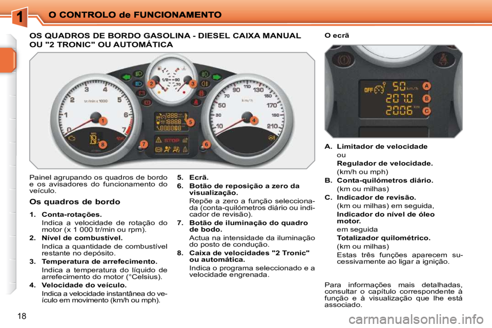 PEUGEOT 207 2009  Manual de utilização (in Portuguese) 18
OS QUADROS DE BORDO GASOLINA - DIESEL CAIXA MANUAL 
OU "2 TRONIC" OU AUTOMÁTICA 
 Painel agrupando os quadros de bordo  
e  os  avisadores  do  funcionamento  do 
veículo.   
5.     Ecrã.   
  
