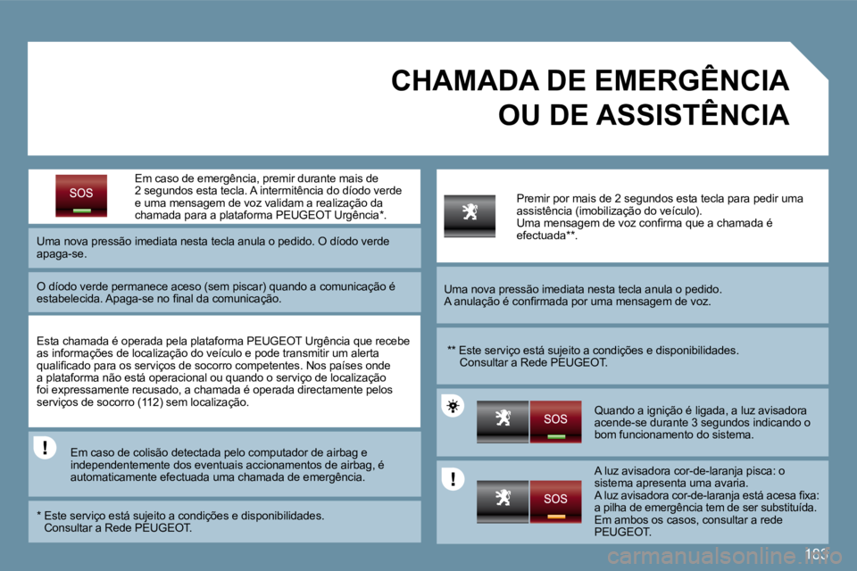 PEUGEOT 207 2009  Manual de utilização (in Portuguese) 183
  Em caso de  emergência , premir durante mais de 2 segundos esta tecla. A intermitência do díodo verde e uma mensagem de voz validam a realização da chamada para a plataforma PEUGEOT Urgênc