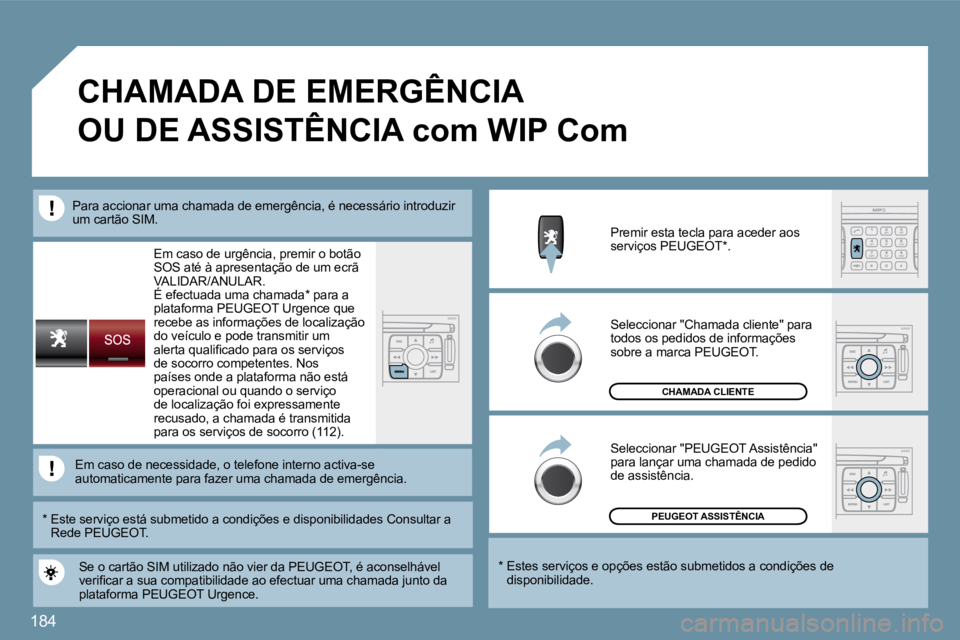 PEUGEOT 207 2009  Manual de utilização (in Portuguese) 184
 Em caso de urgência, premir o botão SOS até à apresentação de um ecrã �V�A�L�I�D�A�R�/�A�N�U�L�A�R�.�  É efectuada uma chamada *  para a plataforma PEUGEOT Urgence que recebe as informaç