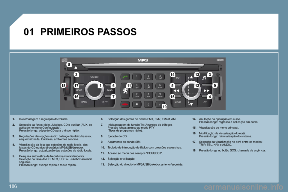 PEUGEOT 207 2009  Manual de utilização (in Portuguese) 186
S
O S
SOU R CE
MODE B AND ESC
2
abc
5
jkl
8
tuv 3
def
6
mno
9
wxyz
1 4
ghi
7
pqr s
0 # MENU LIST
TA 
P T Y
DARK
�2
�8
�1�6
�1�8 �1�7
�711 �1�4 �3
�5 �9 �4
�1�5 �1�2
�1�3
�61
10
01
 PRIMEIROS PASSO