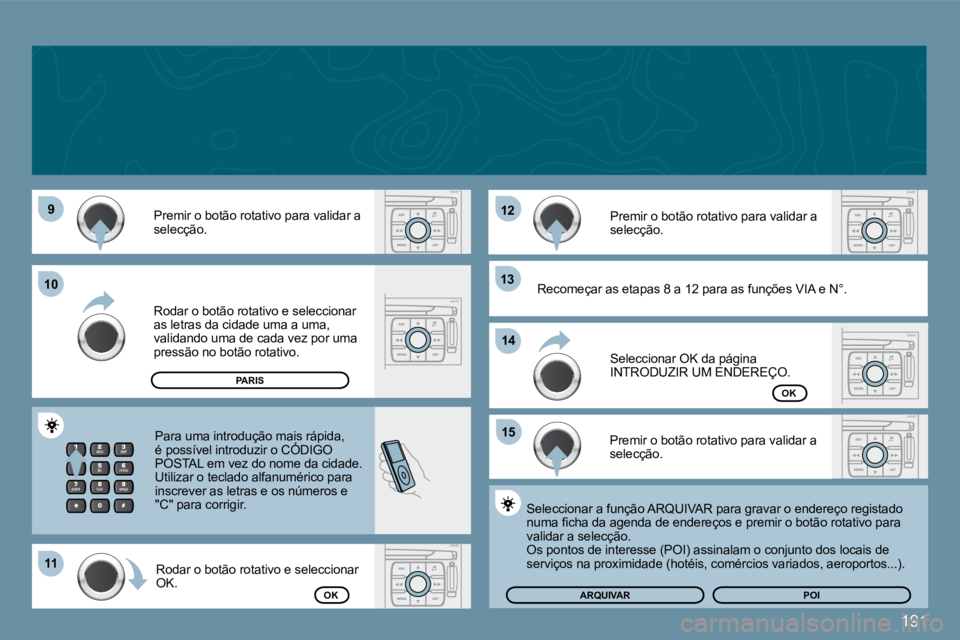 PEUGEOT 207 2009  Manual de utilização (in Portuguese) 191
�9�9
1111
�1�2�1�2
�1�3�1�3
�1�5�1�5
1010
�1�4�1�4
 Premir o botão rotativo para validar a selecção. 
 Rodar o botão rotativo e seleccionar as letras da cidade uma a uma, validando uma de cada