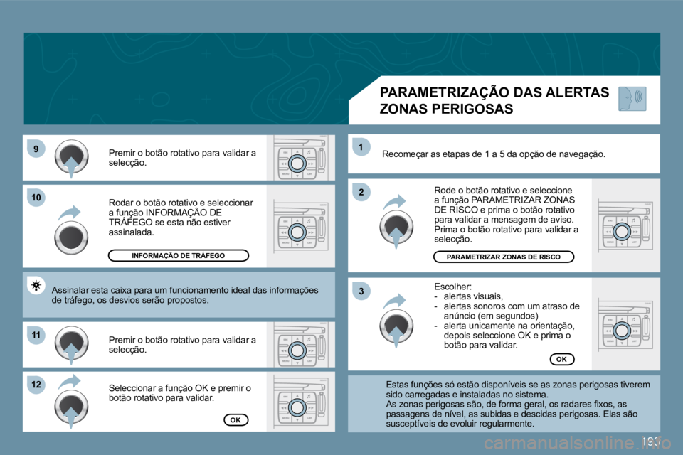 PEUGEOT 207 2009  Manual de utilização (in Portuguese) 193
�9�9
1010
1111
�1�2�1�2
�2�2
11
�3�3
 Rodar o botão rotativo e seleccionar �a� �f�u�n�ç�ã�o� �I�N�F�O�R�M�A�Ç�Ã�O� �D�E� �T�R�Á�F�E�G�O� �s�e� �e�s�t�a� �n�ã�o� �e�s�t�i�v�e�r� �a� �f�u�n�