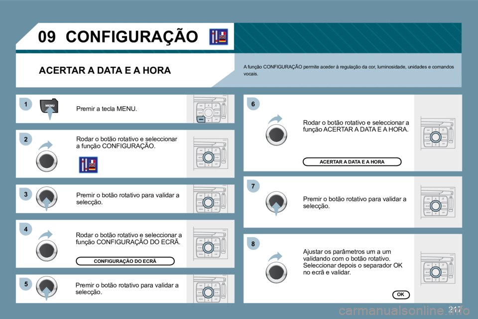 PEUGEOT 207 2009  Manual de utilização (in Portuguese) 217
11
�2�2
�3�3
�4�4
�5�5
�6�6
�7�7
�8�8
�0�9CONFIGURAÇÃO 
  ACERTAR A DATA E A HORA 
� �P�r�e�m�i�r� �a� �t�e�c�l�a� �M�E�N�U�.� 
 Rodar o botão rotativo e seleccionar �a� �f�u�n�ç�ã�o� �C�O�N�