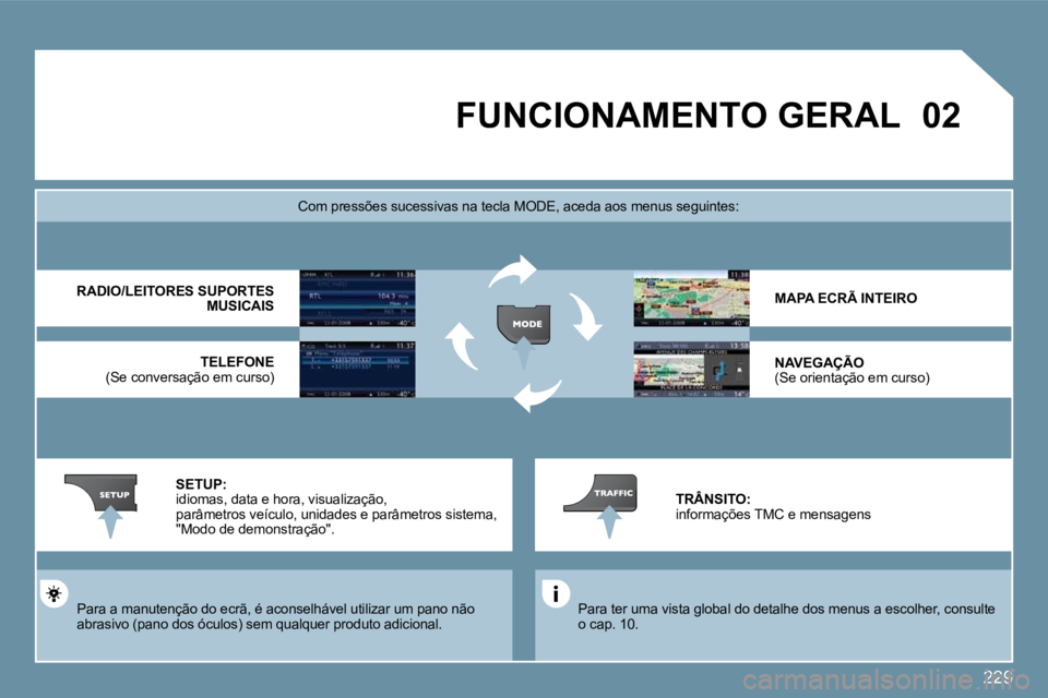 PEUGEOT 207 2009  Manual de utilização (in Portuguese) 229
�0�2FUNCIONAMENTO GERAL 
 Para ter uma vista global do detalhe dos menus a escolher, consulte o cap. 10.  
  Com pressões sucessivas na tecla MODE, aceda aos  menus seguintes: 
 Para a manutenç