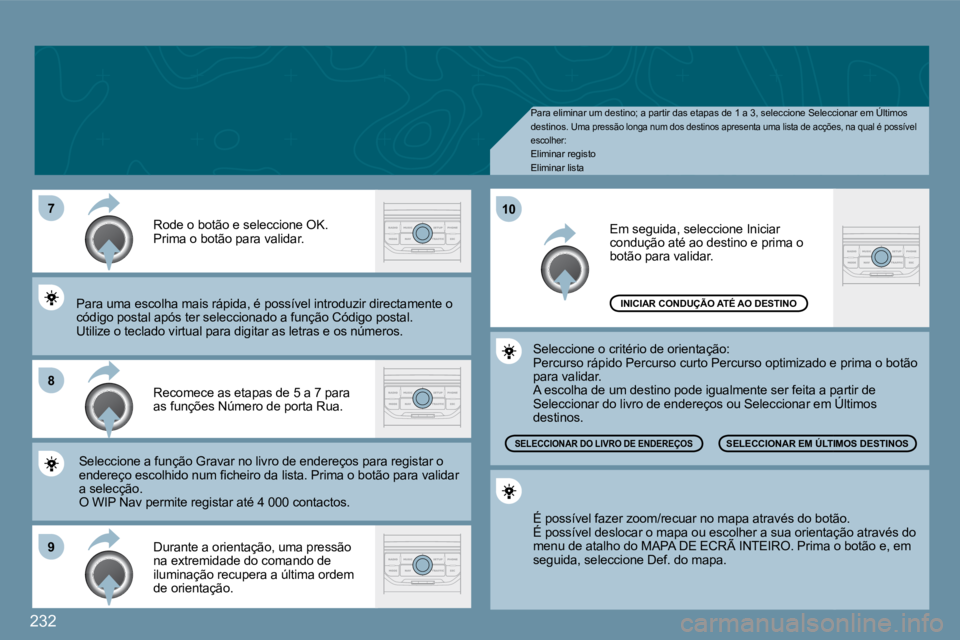 PEUGEOT 207 2009  Manual de utilização (in Portuguese) 232
�7
�8
�9
10
� �P�a�r�a� �e�l�i�m�i�n�a�r� �u�m� �d�e�s�t�i�n�o�;� �a� �p�a�r�t�i�r� �d�a�s� �e�t�a�p�a�s� �d�e� �1� �a� �3�,� �s�e�l�e�c�c�i�o�n�e� �S�e�l�e�c�c�i�o�n�a�r� �e�m� �Ú�l�t�i�m�o�s� �