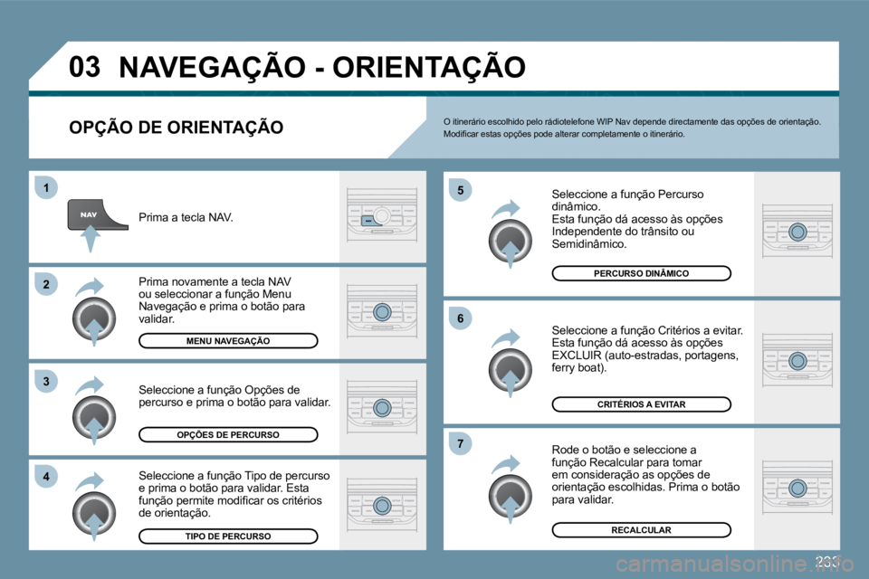 PEUGEOT 207 2009  Manual de utilização (in Portuguese) 233
�0�3
�4
�3
�2
1
�7
�6
�5
� �N�A�V�E�G�A�Ç�Ã�O� �-� �O�R�I�E�N�T�A�Ç�Ã�O� 
  OPÇÃO DE ORIENTAÇÃO 
 Seleccione a função Percurso �d�i�n�â�m�i�c�o�.�  Esta função dá acesso às opções